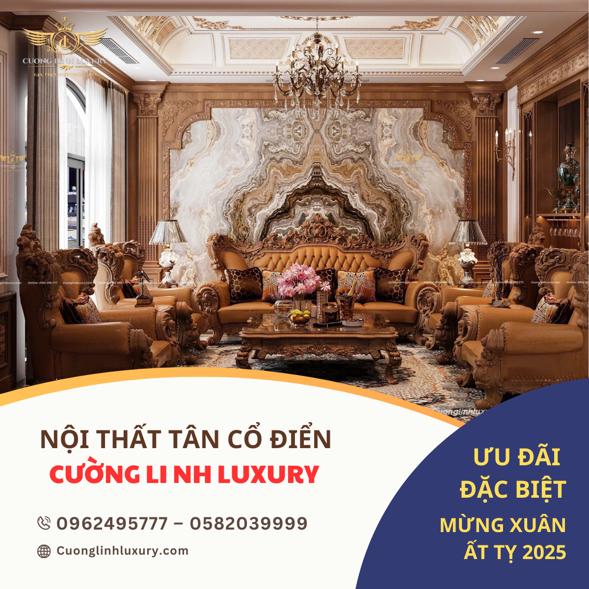 Cường Linh Luxury - Đón Xuân Ất Tỵ 2025 Với Những Ưu Đãi Đặc Biệt 6 Khám phá vẻ đẹp nội thất tân cổ điển sang trọng với Cường Linh Luxury – nơi tinh hoa thiết kế gặp gỡ đẳng cấp hoàng gia. Bộ bàn ghế phòng khách với chất liệu cao cấp, đường nét chạm khắc tinh xảo, cùng không gian trang hoàng lộng lẫy mang lại sự quý phái, đẳng cấp cho mọi ngôi nhà.