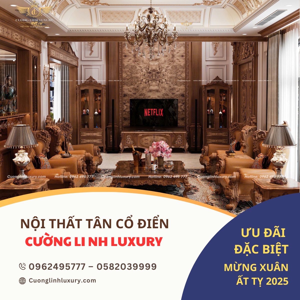 Cường Linh Luxury - Đón Xuân Ất Tỵ 2025 Với Những Ưu Đãi Đặc Biệt 7 Không gian phòng khách tân cổ điển sang trọng, tinh tế, kết hợp nội thất gỗ cao cấp và thiết kế hoàng gia đẳng cấp.