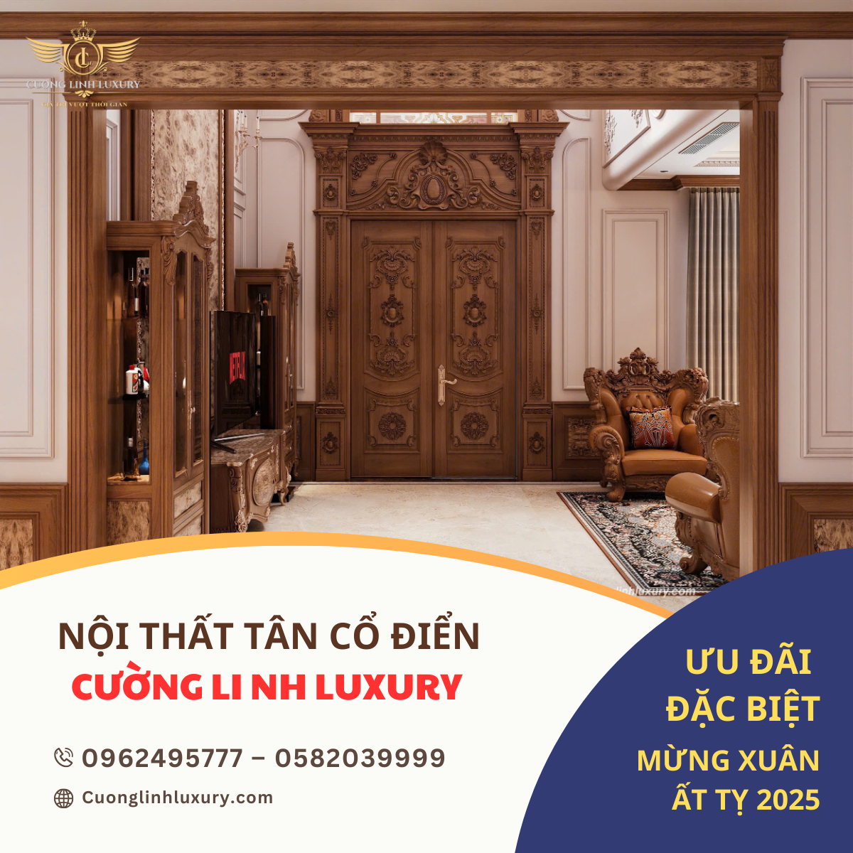 Cường Linh Luxury - Đón Xuân Ất Tỵ 2025 Với Những Ưu Đãi Đặc Biệt 10 Cửa gỗ tân cổ điển sang trọng, chạm khắc tinh xảo, khẳng định đẳng cấp và phong cách hoàng gia. Không gian nội thất hài hòa, đậm chất nghệ thuật.