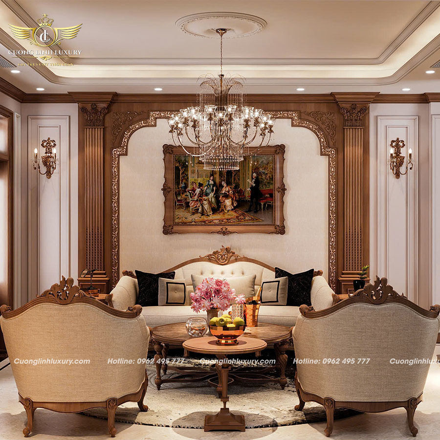 Biệt thự tân cổ điển tại Hà Tĩnh của nhà chị Hằng - không gian sống đậm dấu ấn nghệ thuật 10 Phòng khách tân cổ điển tại Hà Tĩnh