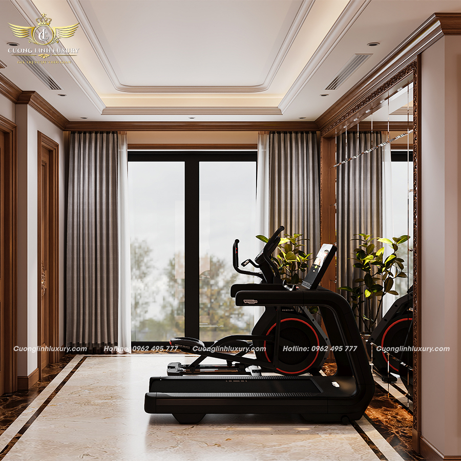 Phòng tập Gym gương lớn tạo hiệu ứng mở rộng không gian.