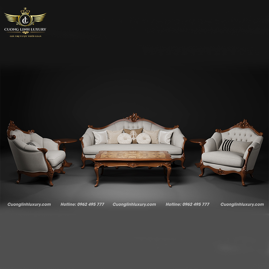 Cường Linh Luxury – Showroom nội thất tân cổ điển đẳng cấp 5 Bộ sofa gỗ gõ đỏ châu Phi bọc da
